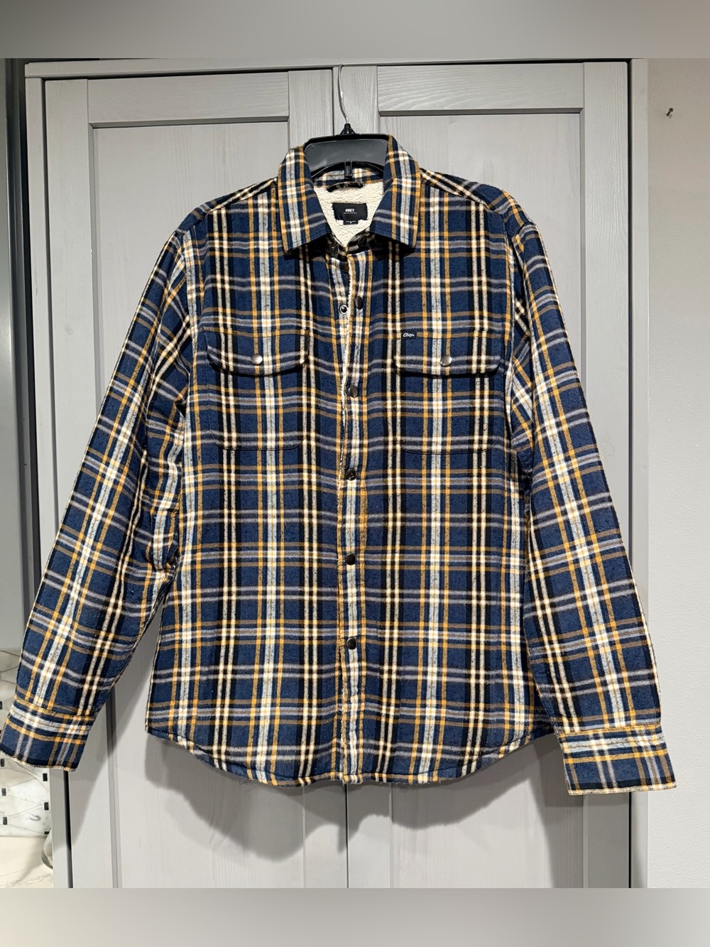 Obey Men's Navy & Yellow Plaid Button-Down Flannel Jacket size M